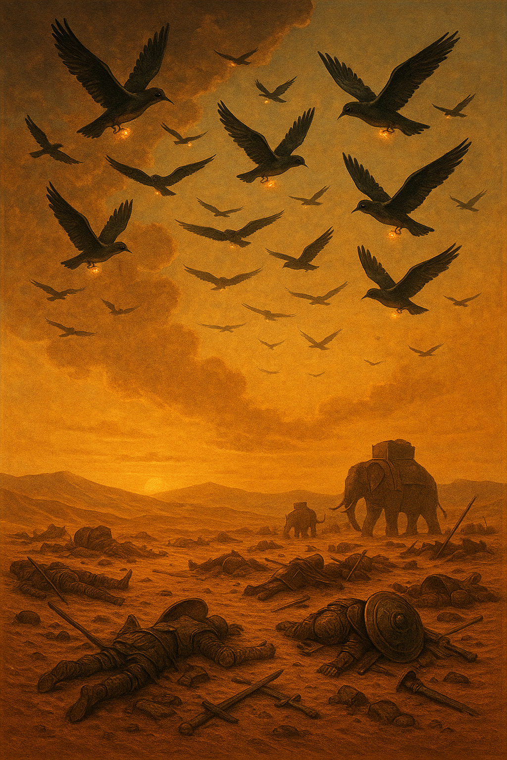 Ilustrasi burung Ababil terbang di atas pasukan gurun dalam suasana dramatis