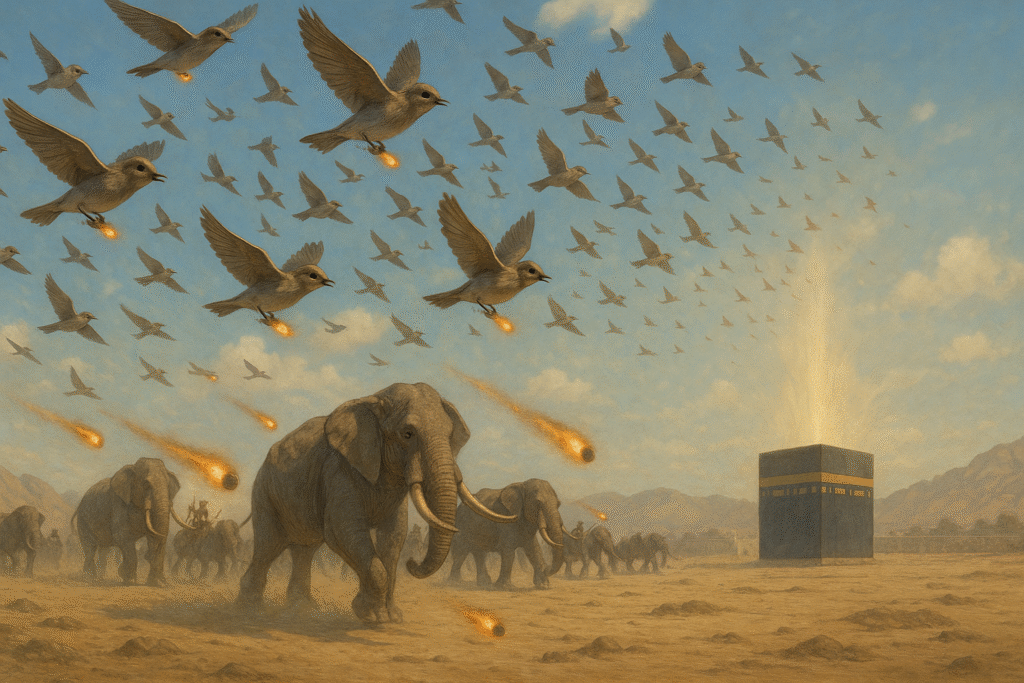 Ilustrasi realistis Burung Ababil menyerang pasukan gajah Abrahah di padang pasir dengan batu pijar, berlatar Ka’bah yang bercahaya di kejauhan.