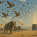 Ilustrasi realistis Burung Ababil menyerang pasukan gajah Abrahah di padang pasir dengan batu pijar, berlatar Ka’bah yang bercahaya di kejauhan.
