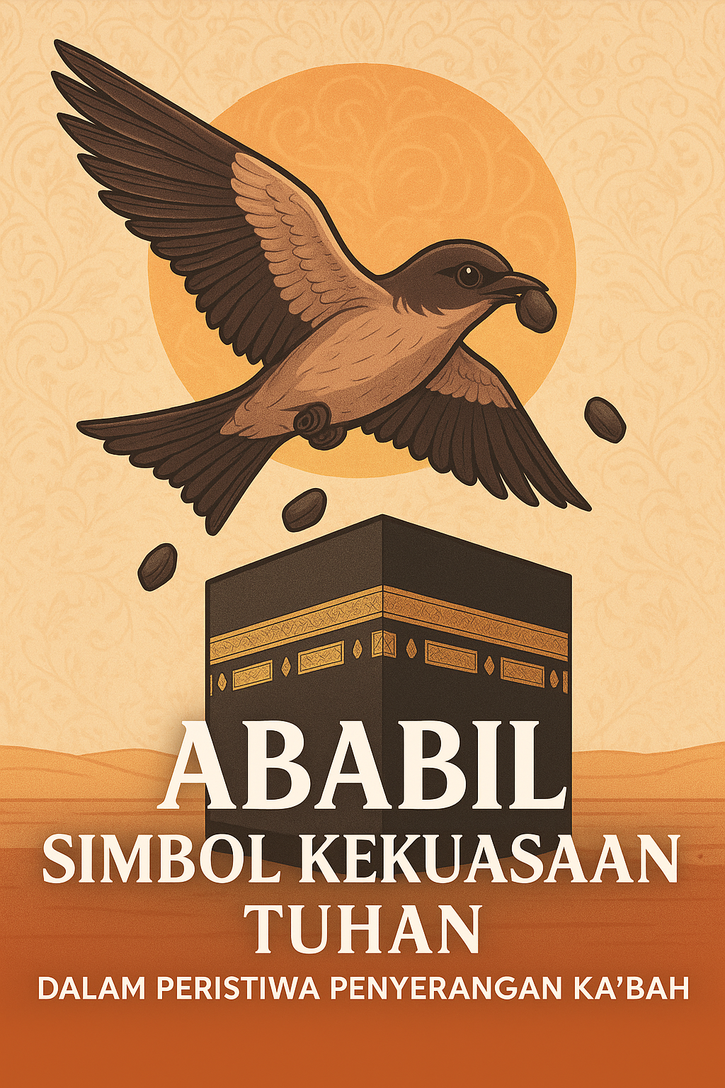 Ilustrasi Ababil membawa batu-batu kecil di langit dengan Ka’bah di kejauhan sebagai simbol kekuasaan Allah dalam Surah Al-Fil.